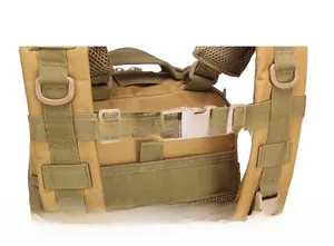 Detail of adjustable chest strap with plastic buckle and D-ring on tactical backpack