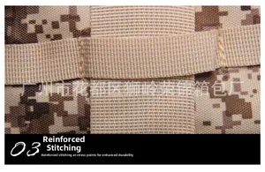 Macro detail of reinforced stitching on camouflage oxford fabric tactical bag