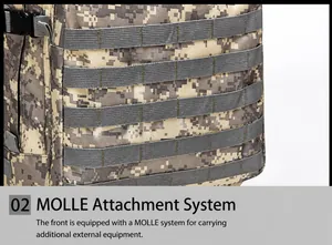 Detail view of durable 3D tactical backpack showing digital camo and MOLLE system straps