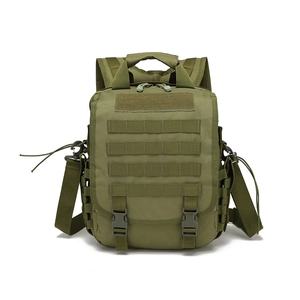 Close-up of military green tactical backpack featuring Molle webbing and durable nylon fabric