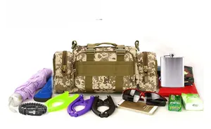 Digital camouflage tactical waist bag showing large capacity with various outdoor gear