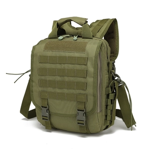 Detail of army green tactical backpack featuring MOLLE webbing and buckle closure