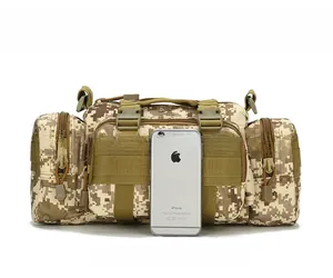 Tactical desert camo waist bag size comparison shown next to an iPhone 6 smartphone
