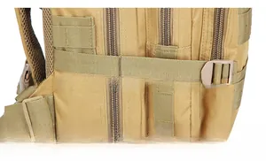 Detail of desert khaki tactical backpack showing MOLLE webbing and durable buckles