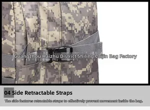Detail view of the durable nylon side compression strap with adjustable plastic buckle