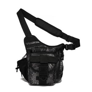 Macro shot of waterproof camouflage tactical crossbody bag with reinforced shoulder strap