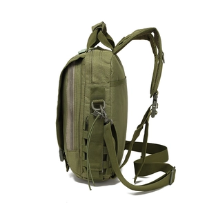 Side view of olive green tactical backpack showing Molle webbing and adjustable straps