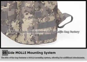 Macro view of digital camouflage tactical backpack with standard MOLLE webbing system