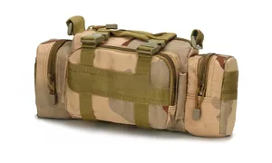 Detailed view of the desert camouflage tactical waist bag with MOLLE webbing and buckles