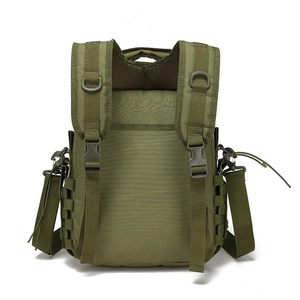 Rear view of tactical camo backpack showing padded shoulder straps and Molle system
