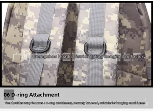 Detail of reinforced shoulder straps with D-ring buckle on digital camouflage tactical backpack