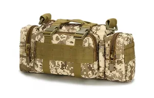 Macro shot of Desert Digital Camo tactical waist bag with MOLLE webbing system and side pockets