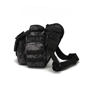 Close-up of tactical camo shoulder bag with waterproof Oxford fabric and MOLLE webbing system