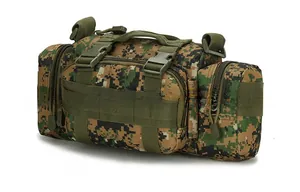 Detailed view of tactical waist bag in jungle digital camo with MOLLE straps and zippers