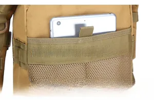 Detail view of khaki tactical backpack back panel with padded laptop compartment