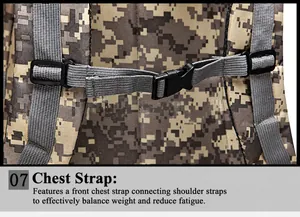 Detail of digital camouflage tactical backpack showing adjustable nylon chest straps and buckles