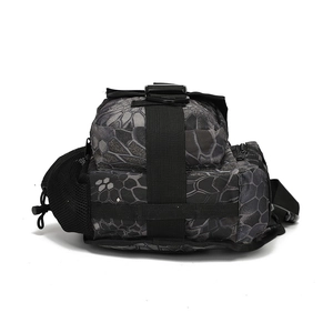 Detail of camouflaged tactical shoulder bag featuring side mesh pocket and nylon webbing