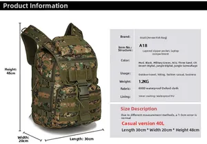 Detail of 800D waterproof oxford fabric and 40L capacity of the tactical backpack