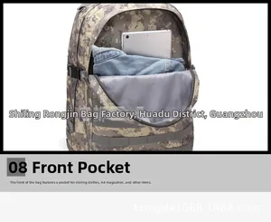 Front pocket of camouflage tactical backpack showing space for tablet and A4 items