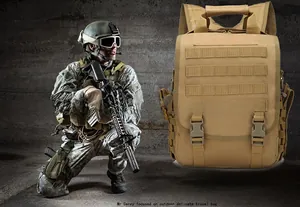 Tactical desert camo backpack featuring MOLLE webbing system and rugged handle for hiking