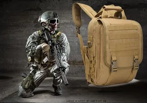 Detailed side view of khaki tactical backpack featuring heavy-duty MOLLE webbing system