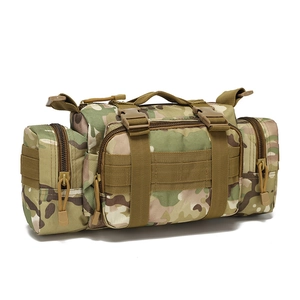 Detailed view of multicam tactical waist pack featuring MOLLE webbing and buckles