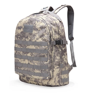 Macro shot of 3D tactical camo backpack featuring MOLLE webbing and durable buckles