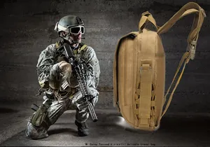 Tactical camouflage backpack detail featuring side MOLLE webbing system in khaki tan