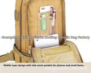 Tactical backpack interior pocket showing mesh organizer for phone and accessories