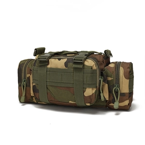Detail of tactical camouflage waist bag showing multiple zippered pockets and durable buckles