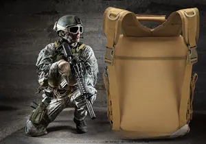 Rear view detail of khaki tactical backpack featuring MOLLE webbing and D-rings