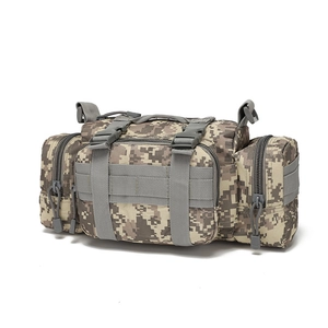 Detailed view of digital camouflage tactical waist bag with MOLLE system and sturdy zippers