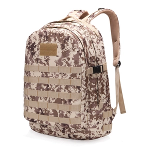 Detail of arid camo tactical backpack with MOLLE webbing and water-resistant nylon