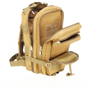 Detailed interior view of tactical nylon backpack showing multiple storage compartments