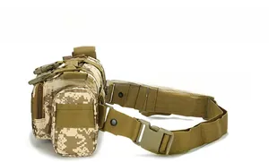 Macro view of tactical waist bag with digital camouflage pattern and plastic buckle