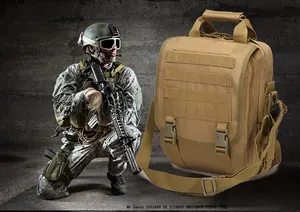 Detail of khaki tactical bag showing Molle system straps and durable buckle closure