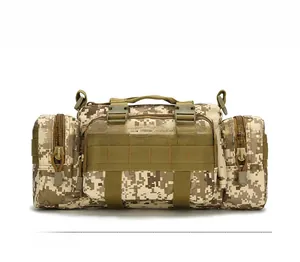 Macro view of tactical waist bag with digital desert camouflage and MOLLE system