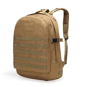 Close-up of tactical khaki backpack featuring MOLLE system and breathable mesh shoulder straps