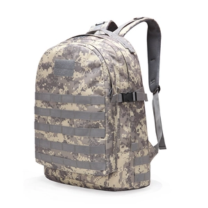 Detail view of 3D tactical camo backpack featuring MOLLE system and breathable mesh straps