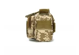Positive side view of digital camo tactical waist pack with Molle system and D-rings