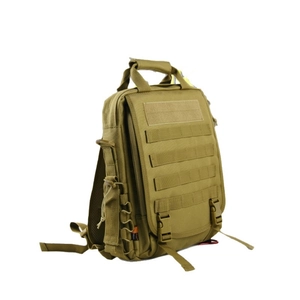 Tactical military backpack in coyote tan with MOLLE system and velcro patch area