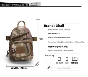 Detail view of 800D waterproof camo tactical chest bag showing size 28x20x10cm