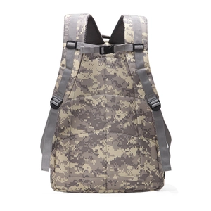 Detail view of ergonomic padded S-shaped shoulder straps and chest buckle on camo tactical pack