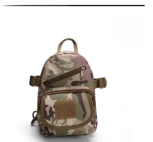 Detailed front view of a small camo tactical chest bag with zippers and velcro patch