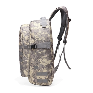 Detail of digital camouflage tactical backpack showing Molle system and breathable mesh strap