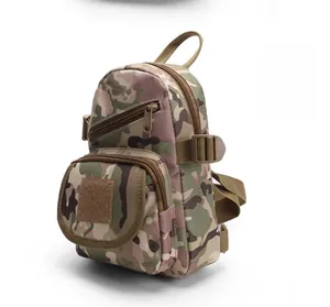 Side view of multi-pocket tactical camouflage sling bag with adjustable straps and nylon fabric