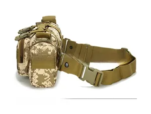 Tactical waist bag detail showing adjustable nylon belt and digital camouflage side pocket
