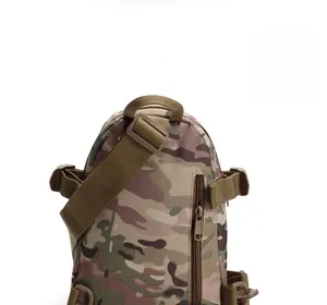 Detail view of the durable camouflage tactical chest bag showing back zip pocket and handle