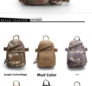 Detail view of tactical chest bags in Jungle Camo, Khaki and ACU digital patterns