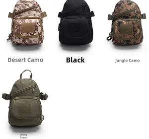 Detail showing tactical chest bags in camouflage and solid colors with zippers